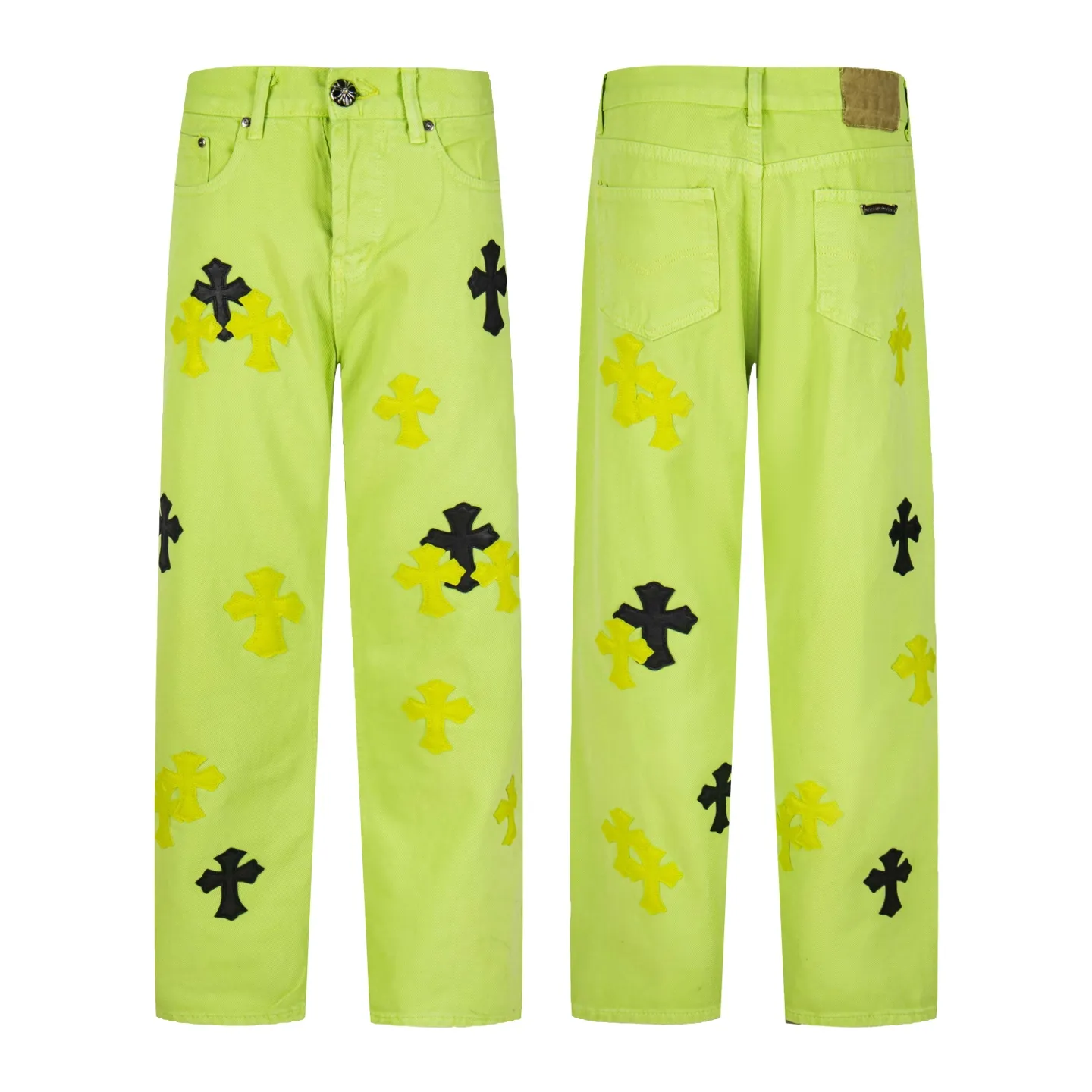 P250 Chrome Hearts dopamine green denim and black and yellow leather couple jeans are a hot trend this season and are sought after by countless celebrities and fashionistas. The neat details of the cutting process add color to the playful fashion! The neat and meticulous design, and the well-fitting structure is unique. The upper body not only has outstanding recognition, but also looks younger and younger. A style with the ultimate wearing meaning and performance, gorgeous color matching, and the craftsmanship of this style is also extremely extraordinary. After the finished product is washed, it is disassembled and hand-made with sheepskin cross leather and then spliced ​​together to complete. The whole piece has too many craftsmanship to describe. It is decorated with patchwork cross flowers and high-waisted washed jeans! ! Absolutely high-end luxury product, a god-level single product, a super popular product, made by top heavy industry, a magic weapon that cannot be missed to hit the streets. Style number: 1829# Size: 28 30 32 34 Color: green